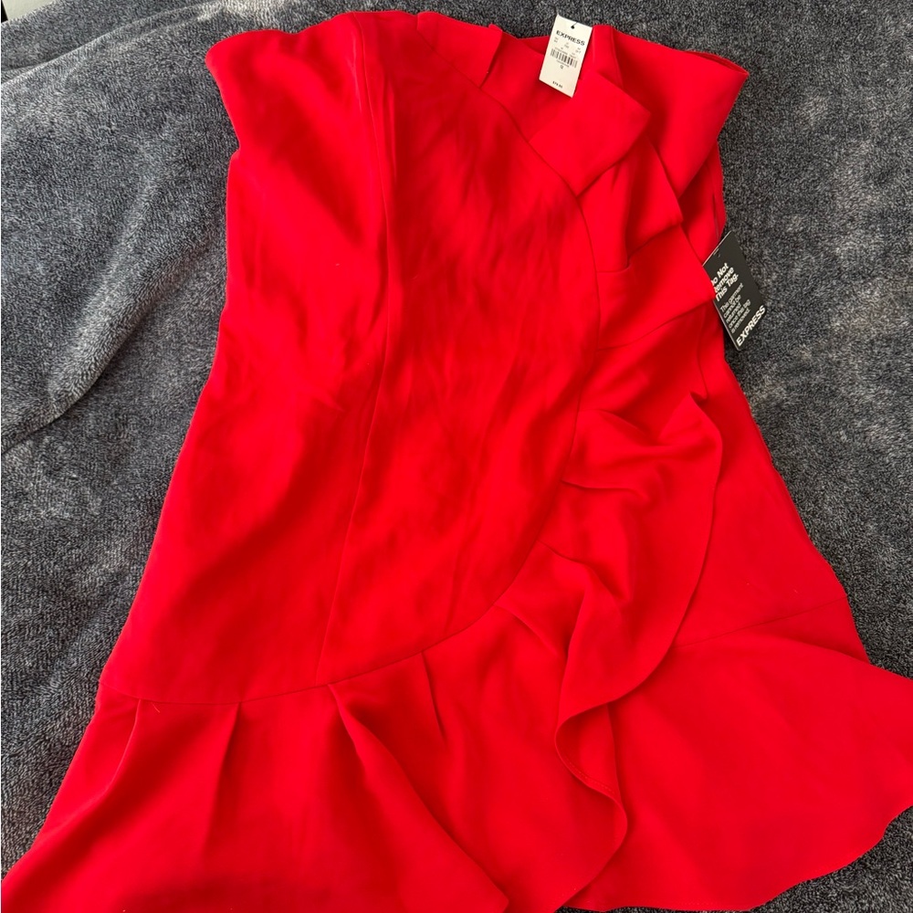 Express Red Bodycon Strapless Ruffled Dress
